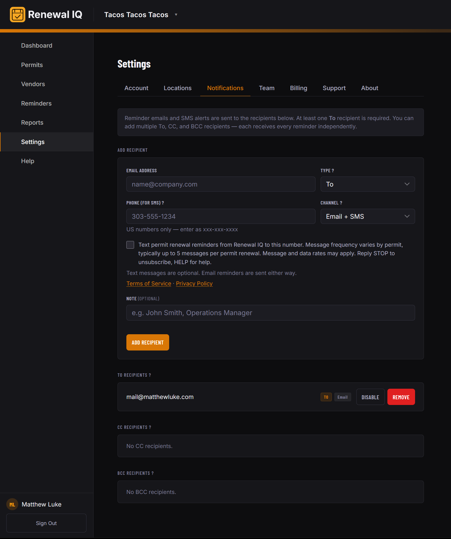 Screenshot of the Renewal IQ Settings, Notifications screen showing the SMS consent checkbox and its disclosure wording